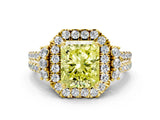 Yellow gold Fancy Yellow Radiant  Cut Double Halo Diamond Engagement Ring with Pave Band and Four-Prong Setting