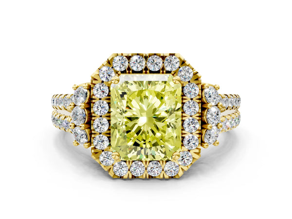 Yellow gold Fancy Yellow Radiant  Cut Double Halo Diamond Engagement Ring with Pave Band and Four-Prong Setting