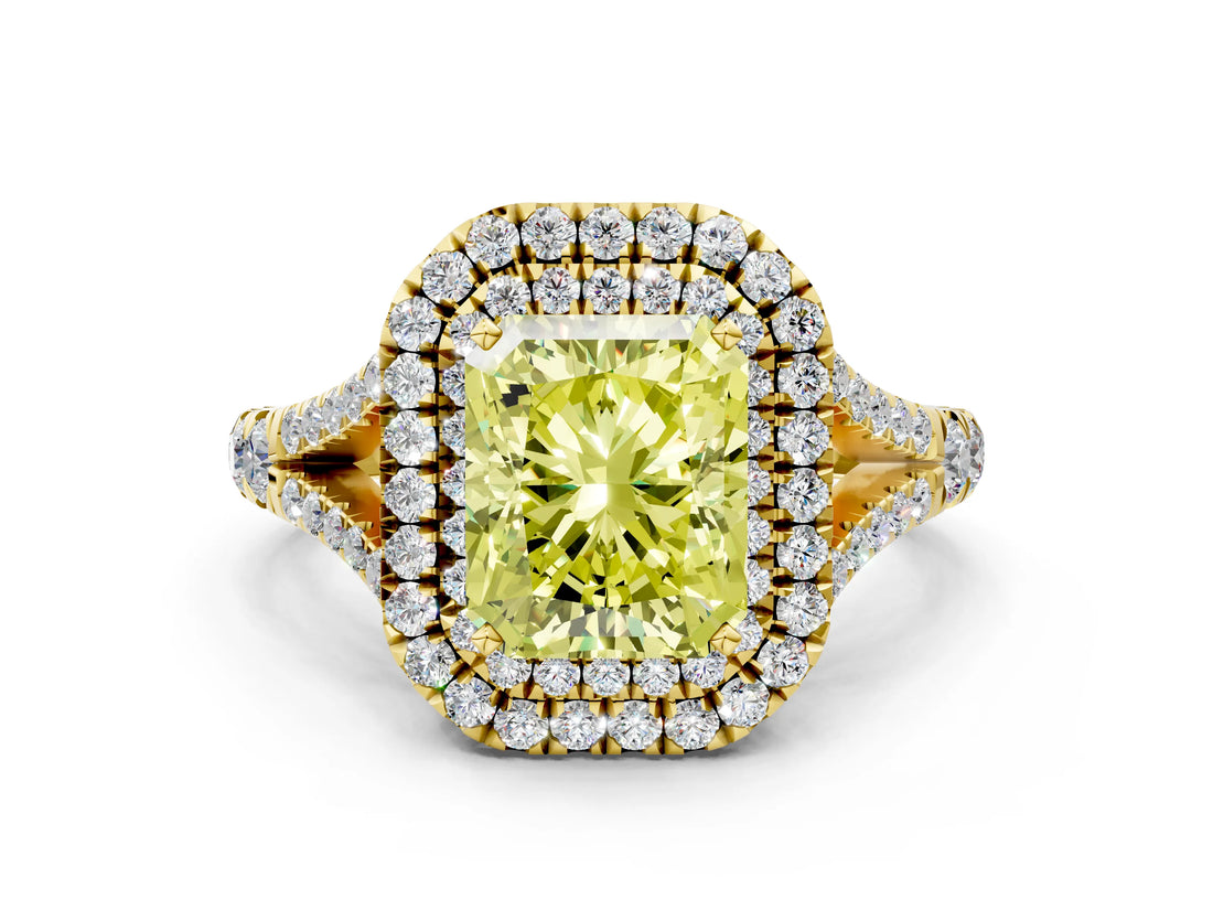 Yellow gold Fancy Yellow Radiant  Cut Double Halo Split Shank Diamond Ring with Prong Setting_49