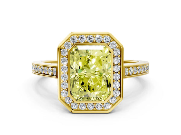 Yellow gold Fancy Yellow Radiant Cut Halo Bezel Diamond Pave Band Ring