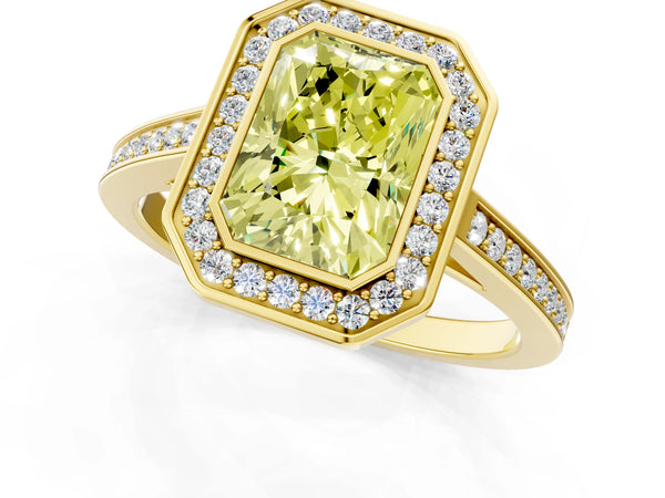 Yellow gold Fancy Yellow Radiant Cut Halo Bezel Diamond Pave Band Ring
