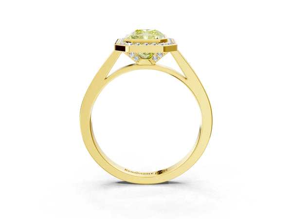 Yellow gold Fancy Yellow Radiant Cut Halo Bezel Diamond Pave Band Ring