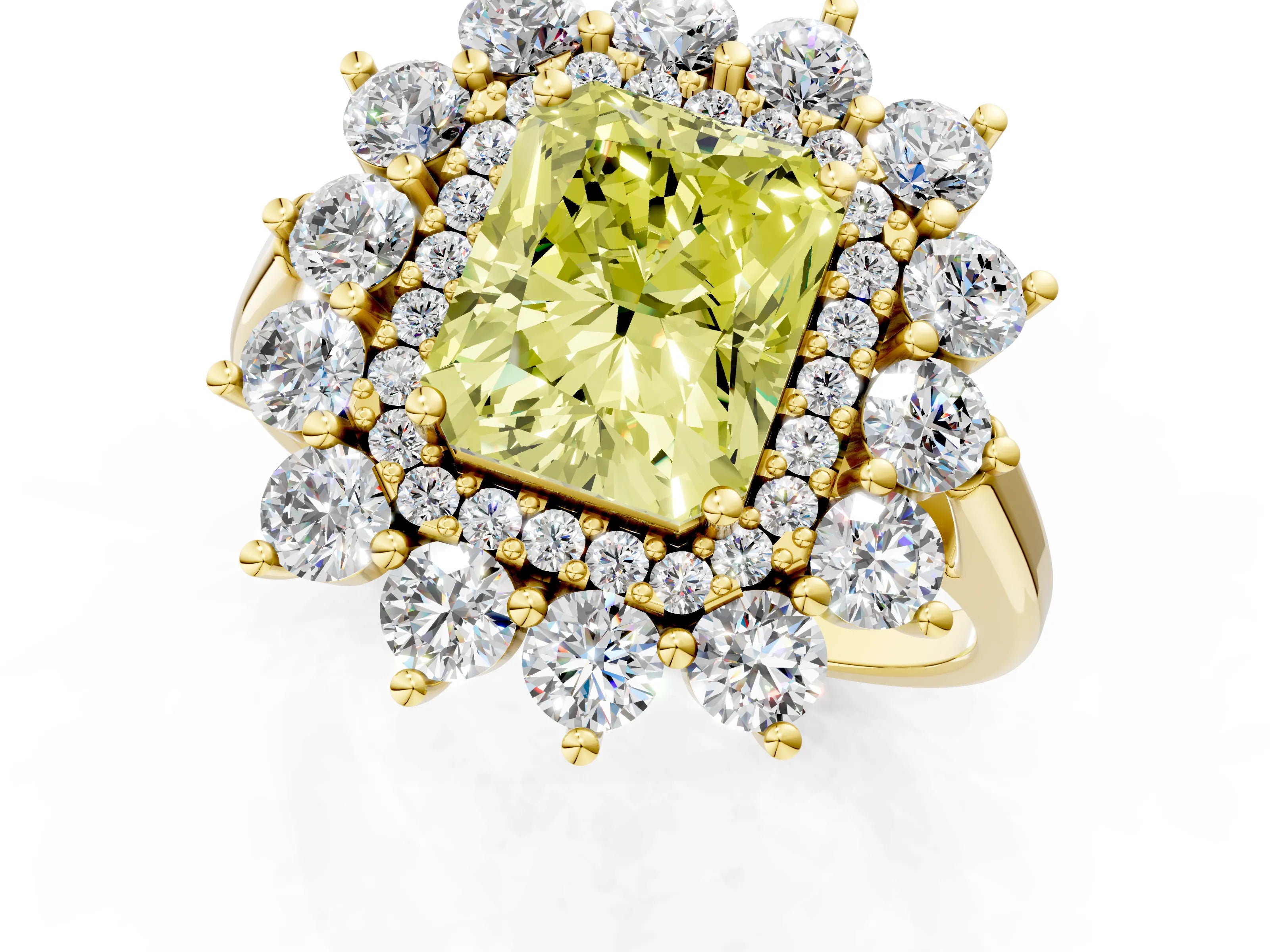 Yellow gold Fancy Yellow Radiant Cut Halo Cluster Diamond Ring with Pave Band and Four-Prong Setting_13
