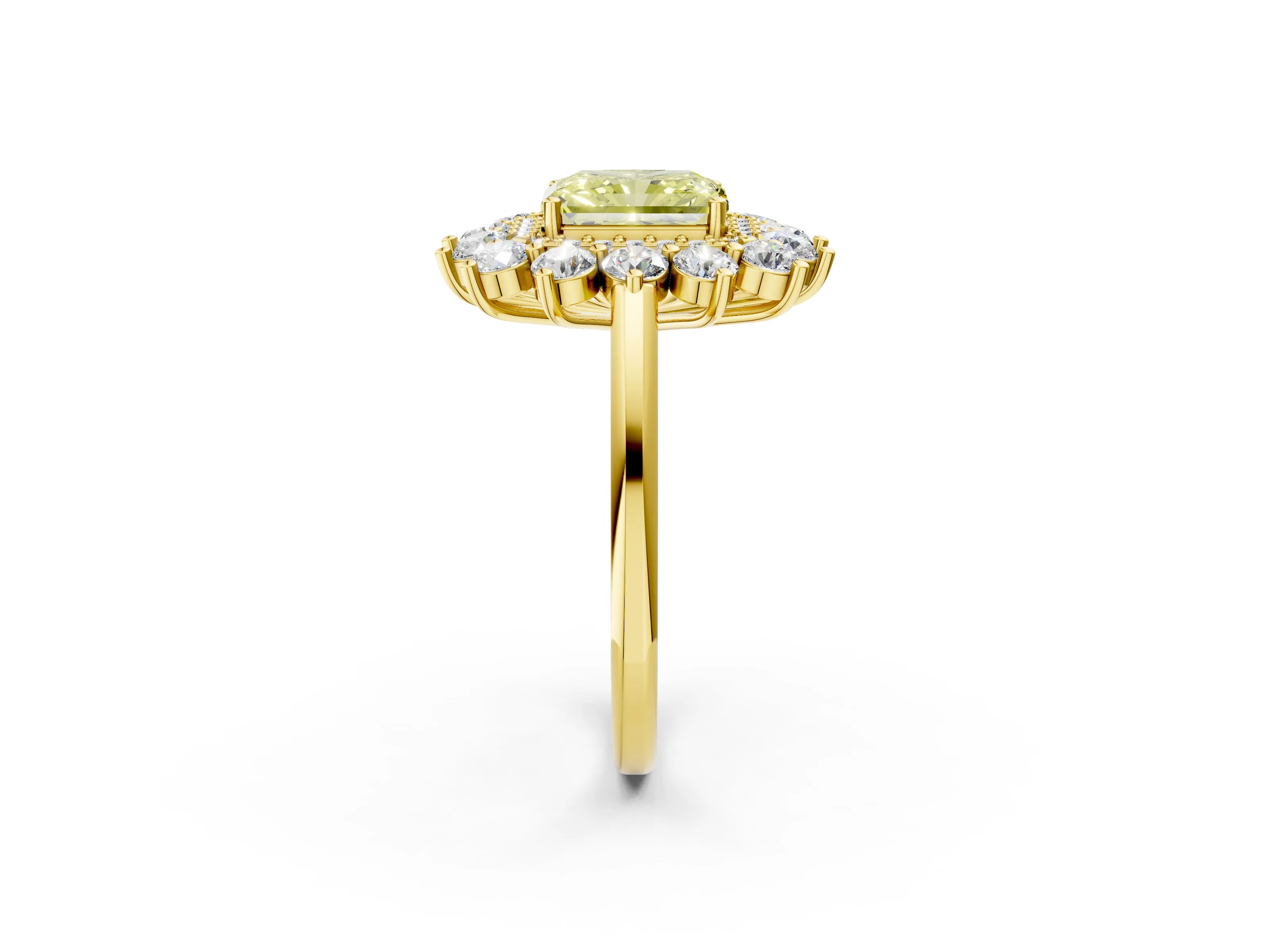 Yellow gold Fancy Yellow Radiant Cut Halo Cluster Diamond Ring with Pave Band and Four-Prong Setting_14