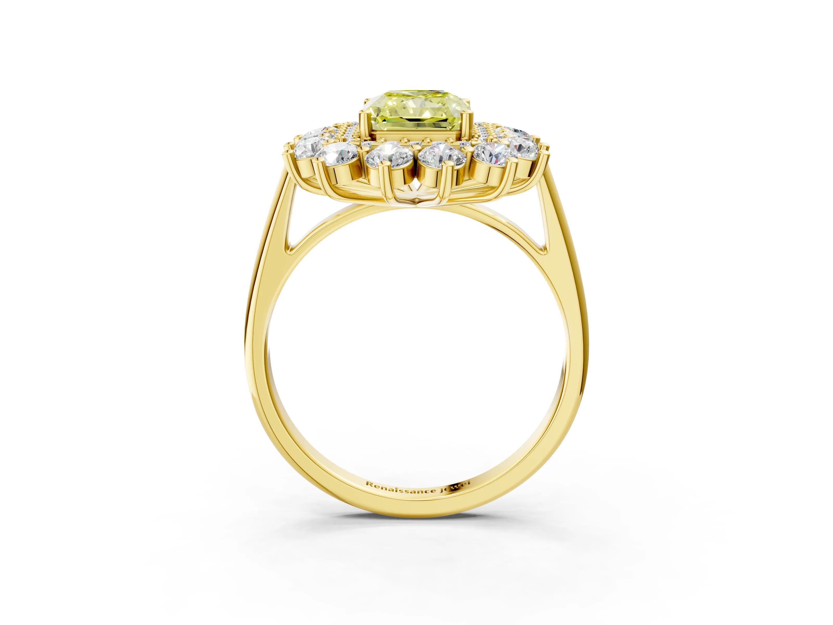 Yellow gold Fancy Yellow Radiant Cut Halo Cluster Diamond Ring with Pave Band and Four-Prong Setting_15