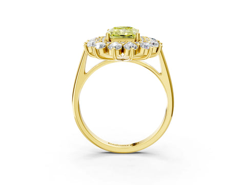 Yellow gold Fancy Yellow Radiant Cut Halo Cluster Diamond Ring with Pave Band and Four-Prong Setting_15