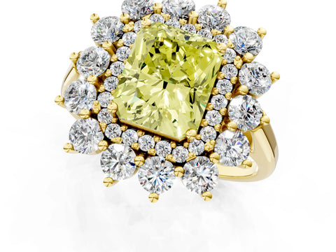 Yellow gold Fancy Yellow Radiant Cut Halo Cluster Diamond Ring with Pave Band and Four-Prong Setting_1