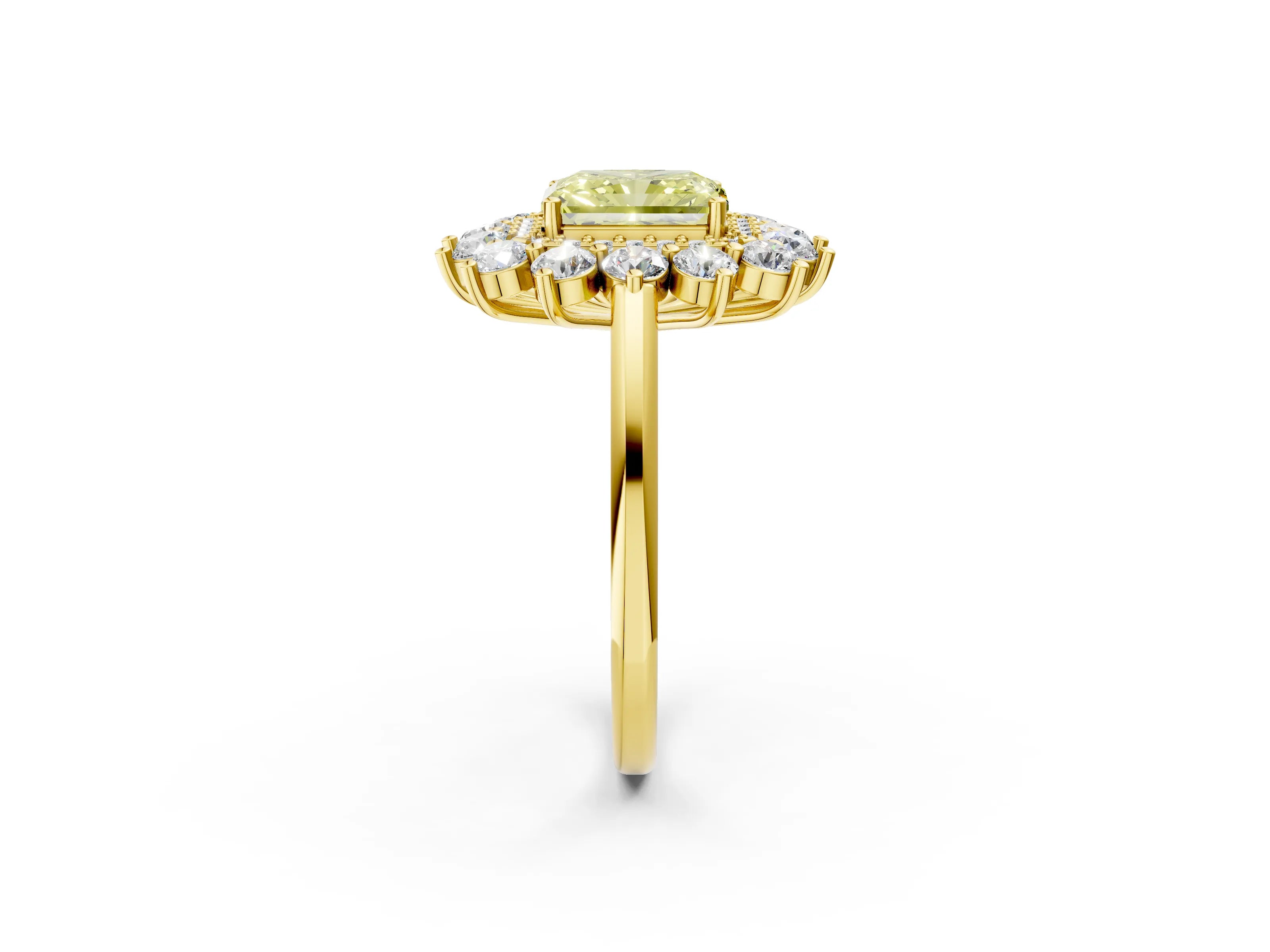 Yellow gold Fancy Yellow Radiant Cut Halo Cluster Diamond Ring with Pave Band and Four-Prong Setting_2