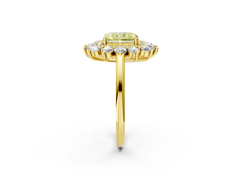Yellow gold Fancy Yellow Radiant Cut Halo Cluster Diamond Ring with Pave Band and Four-Prong Setting_2