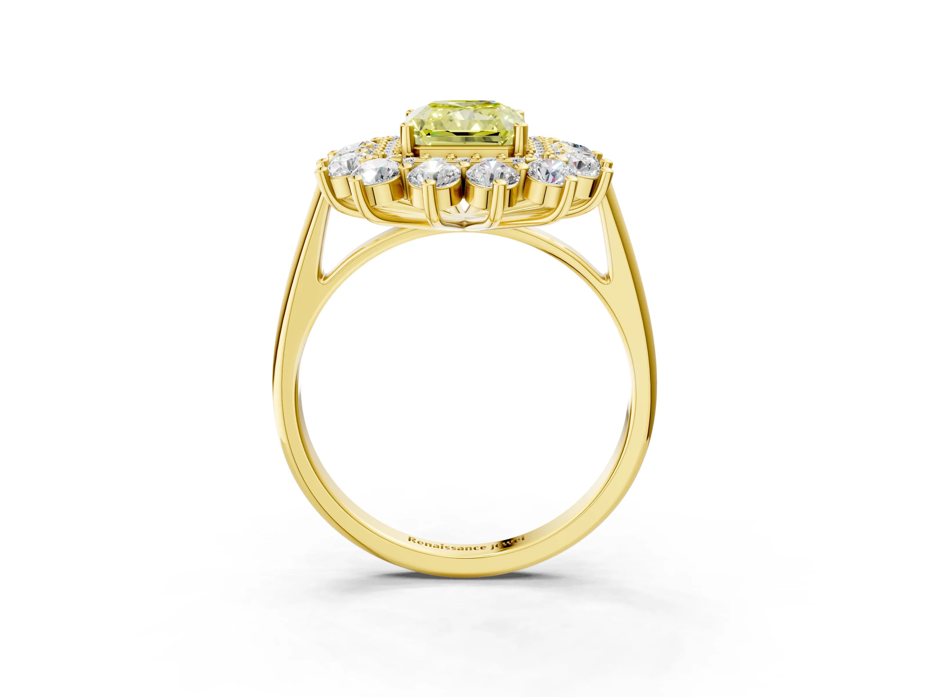 Yellow gold Fancy Yellow Radiant Cut Halo Cluster Diamond Ring with Pave Band and Four-Prong Setting_3