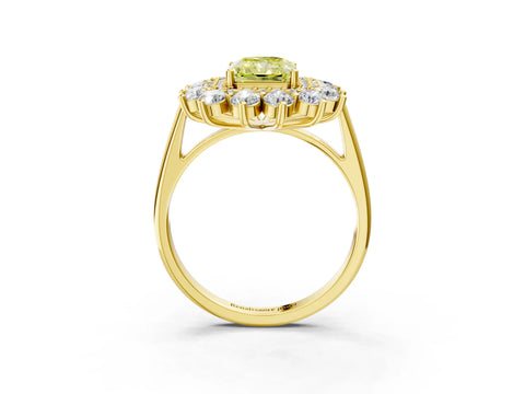 Yellow gold Fancy Yellow Radiant Cut Halo Cluster Diamond Ring with Pave Band and Four-Prong Setting_3