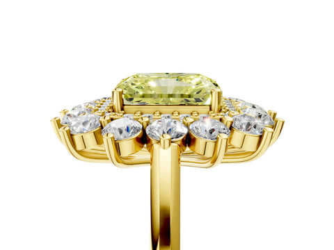 Yellow gold Fancy Yellow Radiant Cut Halo Cluster Diamond Ring with Pave Band and Four-Prong Setting_5
