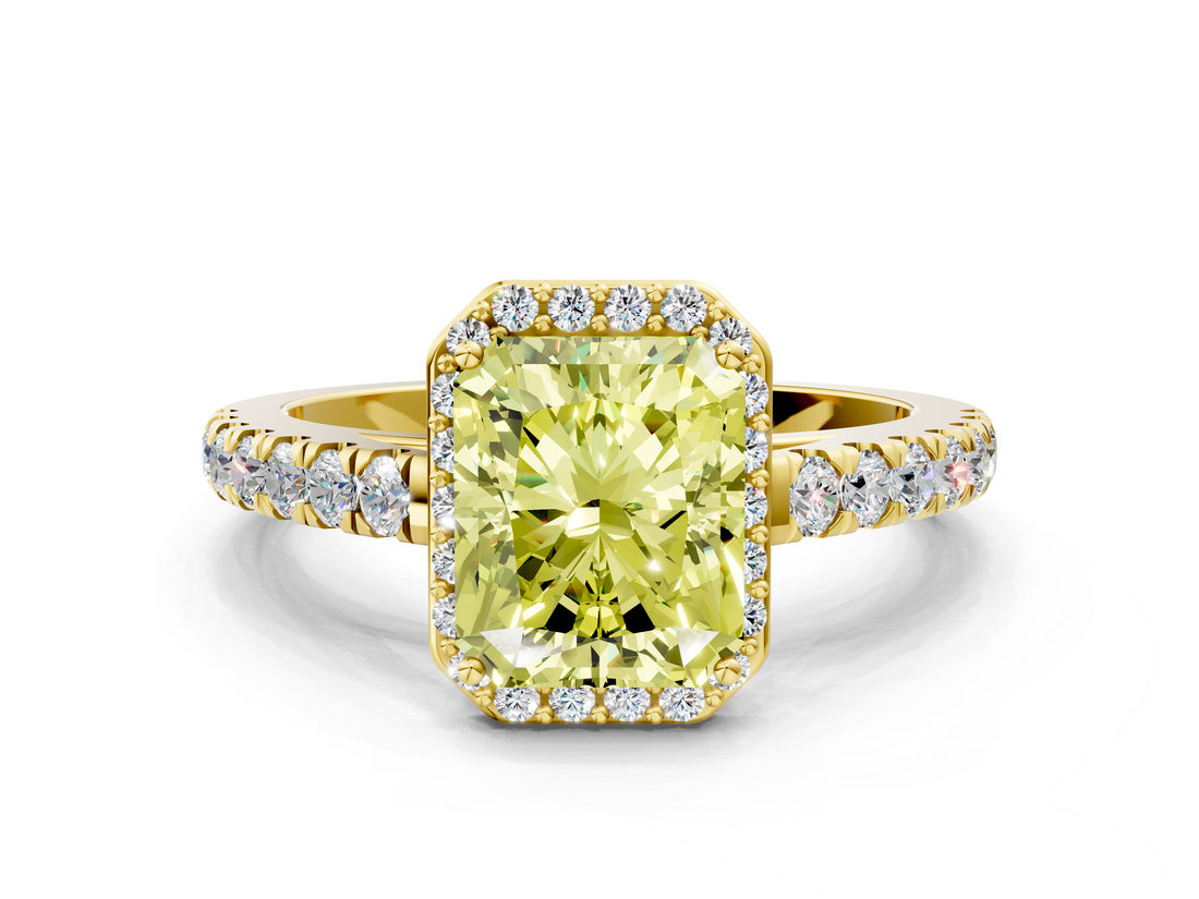 Yellow gold Fancy Yellow Radiant  Cut Halo Diamond Engagement Ring with Pave Band and Four-Prong Setting_28