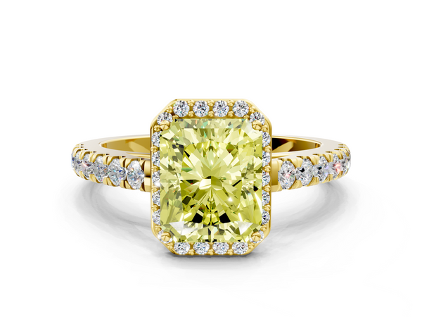 Yellow gold Fancy Yellow Radiant  Cut Halo Diamond Engagement Ring with Pave Band and Four-Prong Setting