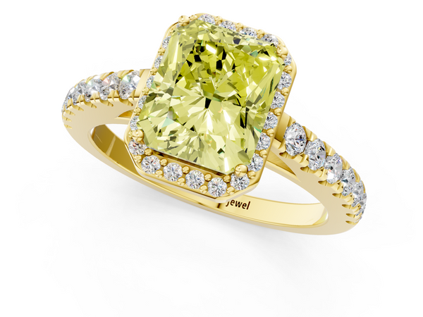 Yellow gold Fancy Yellow Radiant  Cut Halo Diamond Engagement Ring with Pave Band and Four-Prong Setting