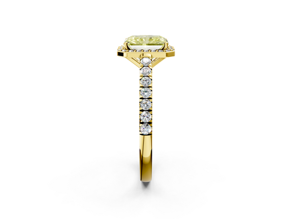 Yellow gold Fancy Yellow Radiant  Cut Halo Diamond Engagement Ring with Pave Band and Four-Prong Setting