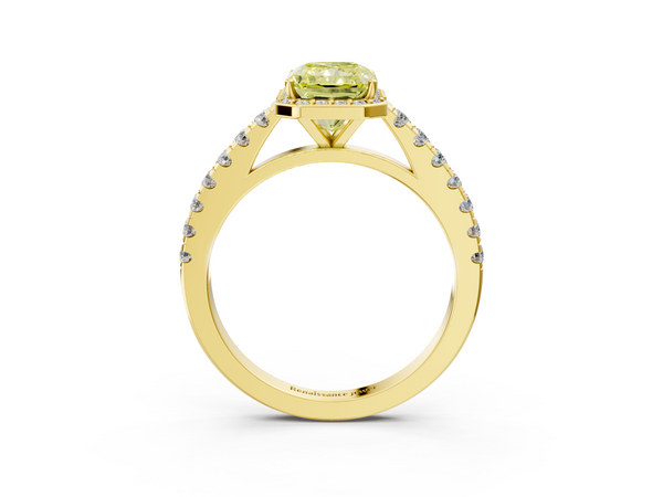 Yellow gold Fancy Yellow Radiant  Cut Halo Diamond Engagement Ring with Pave Band and Four-Prong Setting