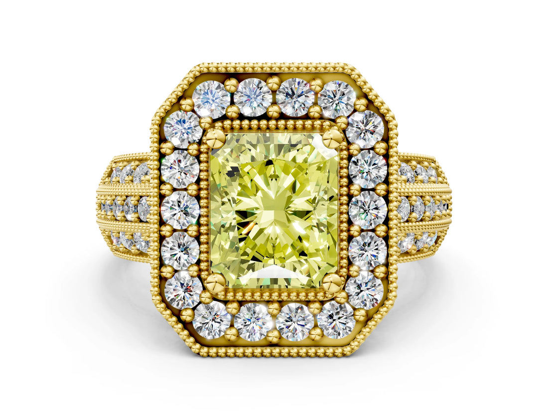 Yellow gold Fancy Yellow Radiant Cut Halo Diamond Engagement Ring with Pave Split Shank and Four-Prong Setting