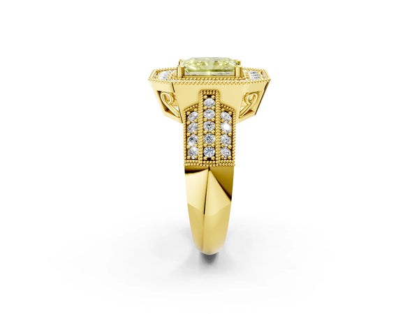 Yellow gold Fancy Yellow Radiant Cut Halo Diamond Engagement Ring with Pave Split Shank and Four-Prong Setting