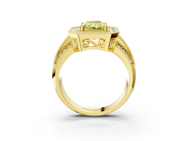 Yellow gold Fancy Yellow Radiant Cut Halo Diamond Engagement Ring with Pave Split Shank and Four-Prong Setting