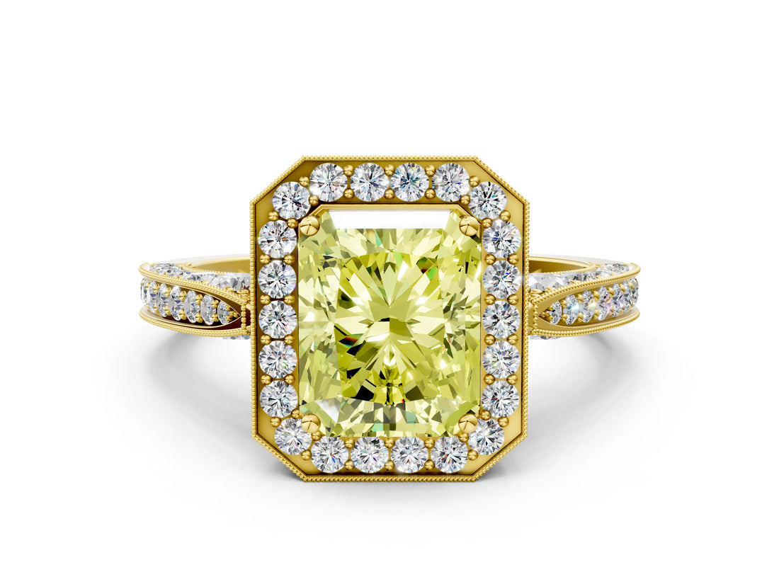 Yellow gold Fancy Yellow Radiant Cut Halo Diamond Engagement Ring with Split Shank Band and Four-Prong Setting