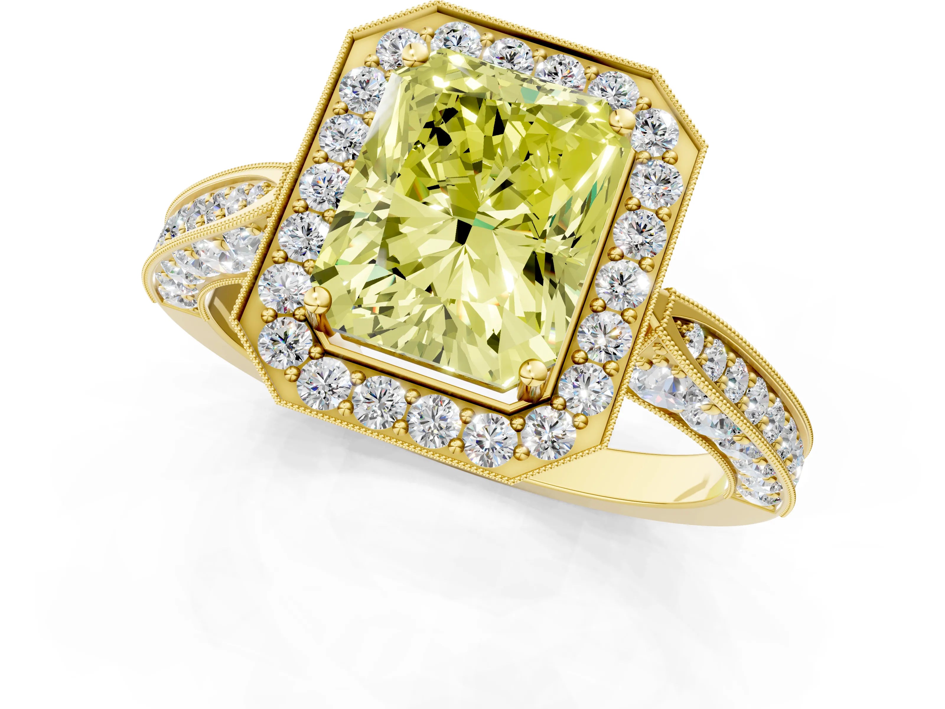 Yellow gold Fancy Yellow Radiant Cut Halo Diamond Engagement Ring with Split Shank Band and Four-Prong Setting_1