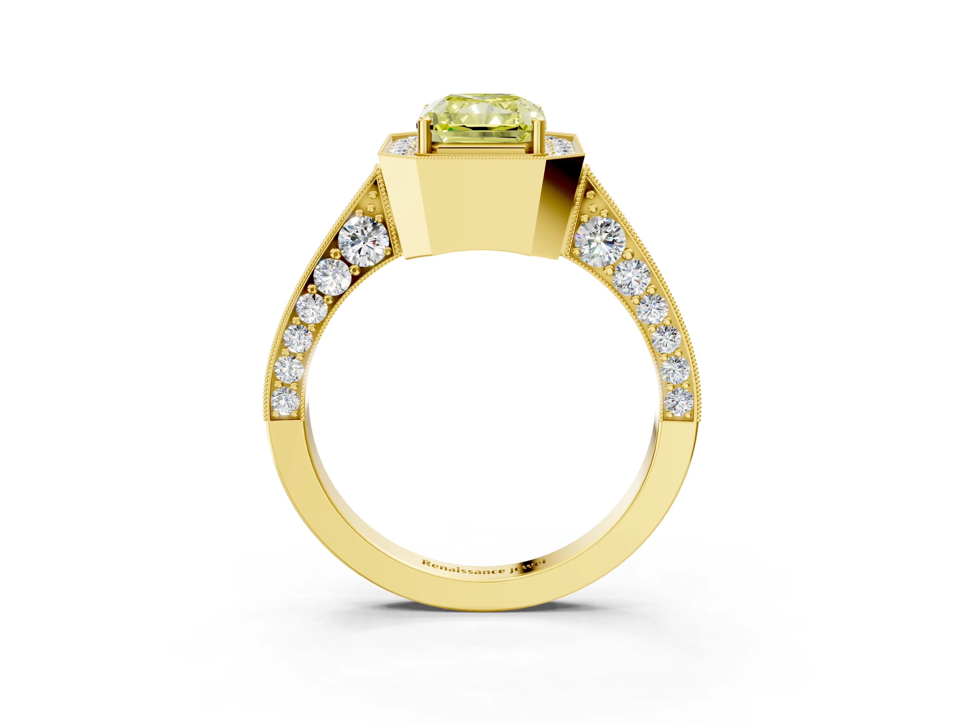 Yellow gold Fancy Yellow Radiant Cut Halo Diamond Engagement Ring with Split Shank Band and Four-Prong Setting_3