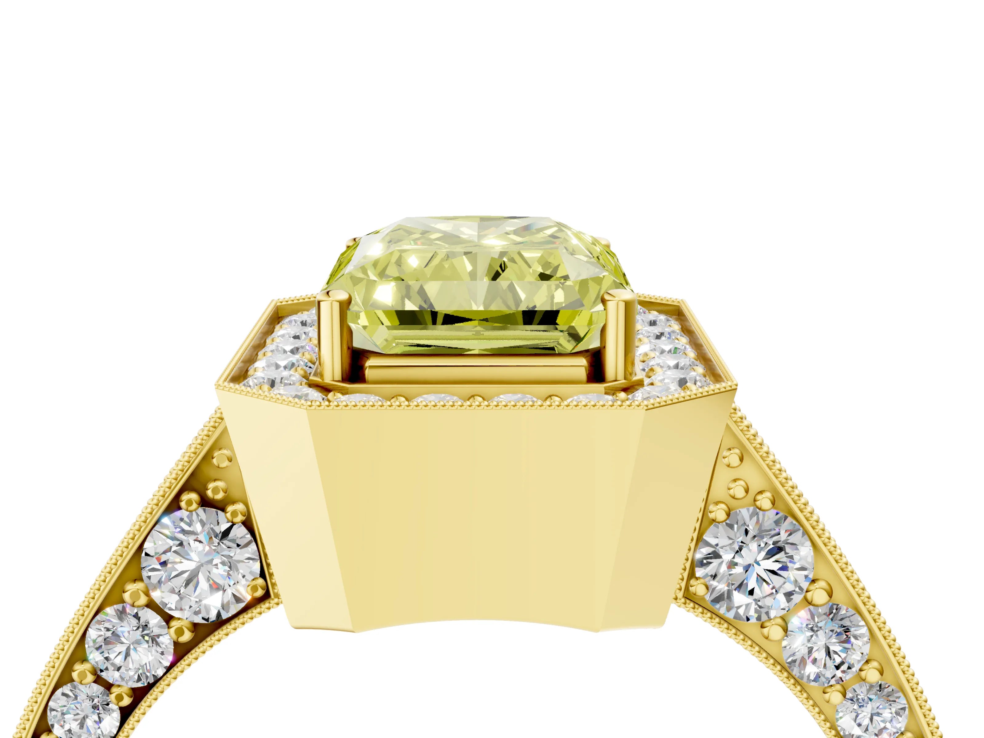 Yellow gold Fancy Yellow Radiant Cut Halo Diamond Engagement Ring with Split Shank Band and Four-Prong Setting_4