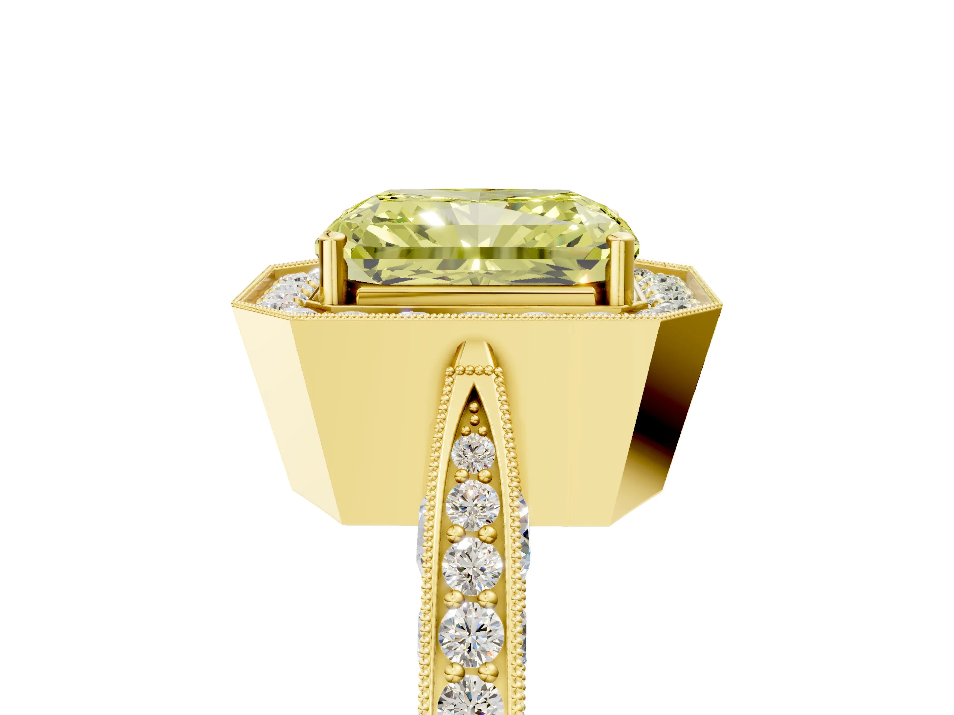 Yellow gold Fancy Yellow Radiant Cut Halo Diamond Engagement Ring with Split Shank Band and Four-Prong Setting_5