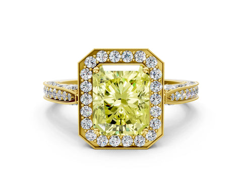 Yellow gold Fancy Yellow Radiant Cut Halo Diamond Engagement Ring with Split Shank Band and Four-Prong Setting