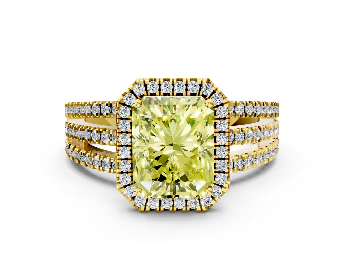 Yellow gold Fancy Yellow Radiant  Cut Halo Diamond Engagement Ring with Split Shank and Four-Prong Setting_20
