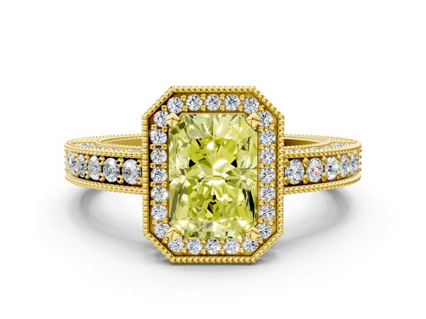 Yellow gold Fancy Yellow Radiant  Cut Halo Diamond Pave Band Ring with Four-Prong Setting