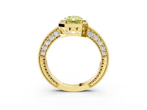 Yellow gold Fancy Yellow Radiant  Cut Halo Diamond Pave Band Ring with Four-Prong Setting