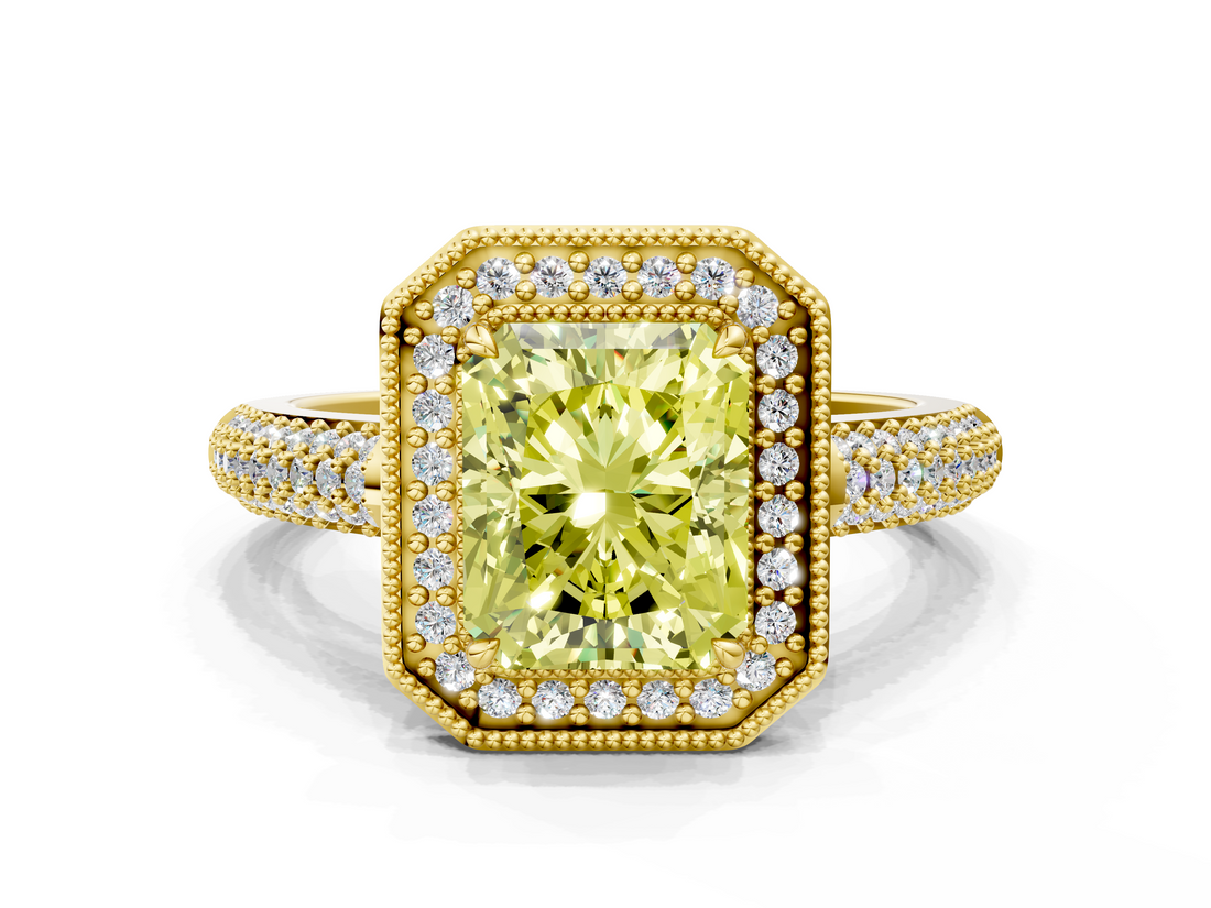 Yellow gold Fancy Yellow Radiant  Cut Halo Diamond Pave Band with Four-Prong Setting_69