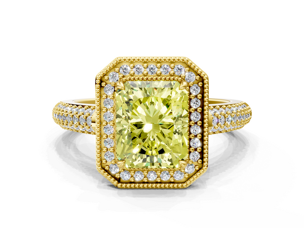 Yellow gold Fancy Yellow Radiant  Cut Halo Diamond Pave Band with Four-Prong Setting