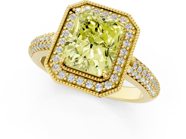 Yellow gold Fancy Yellow Radiant  Cut Halo Diamond Pave Band with Four-Prong Setting