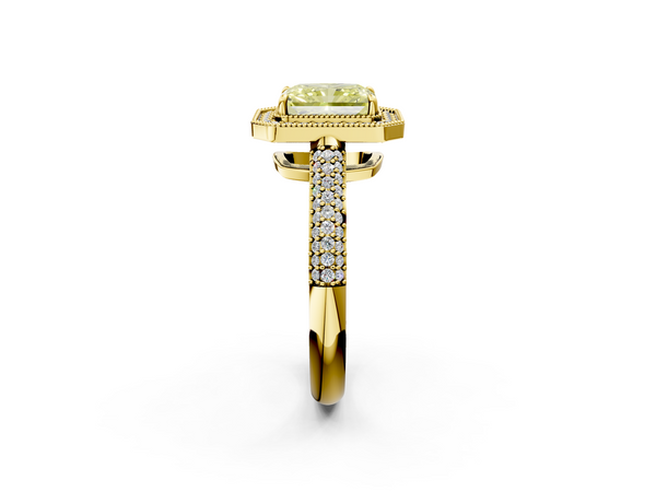 Yellow gold Fancy Yellow Radiant  Cut Halo Diamond Pave Band with Four-Prong Setting