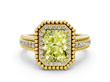 Yellow gold Fancy Yellow Radiant Cut Halo Diamond Ring with Beaded Split Shank and Four-Prong Setting