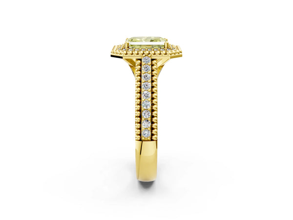 Yellow Gold Radiant Cut Beaded Halo Engagement Ring Setting for Fancy Yellow Center with Pave