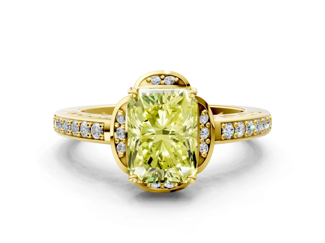 Yellow gold Fancy Yellow Radiant  Cut Halo Diamond Ring with Channel Set Band and Four-Prong Setting_32