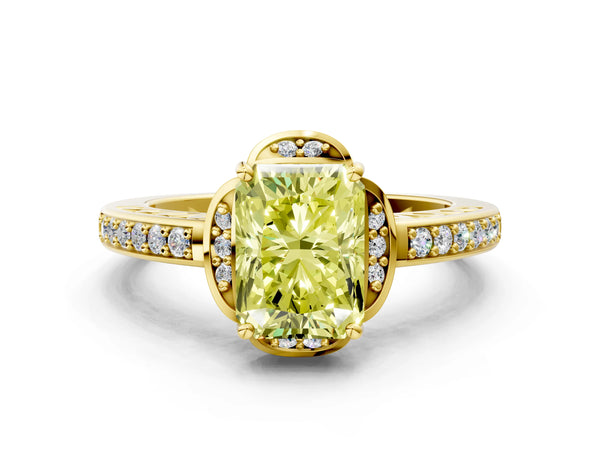 Yellow gold Fancy Yellow Radiant  Cut Halo Diamond Ring with Channel Set Band and Four-Prong Setting