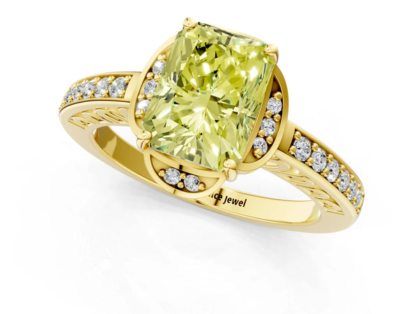 Yellow gold Fancy Yellow Radiant  Cut Halo Diamond Ring with Channel Set Band and Four-Prong Setting