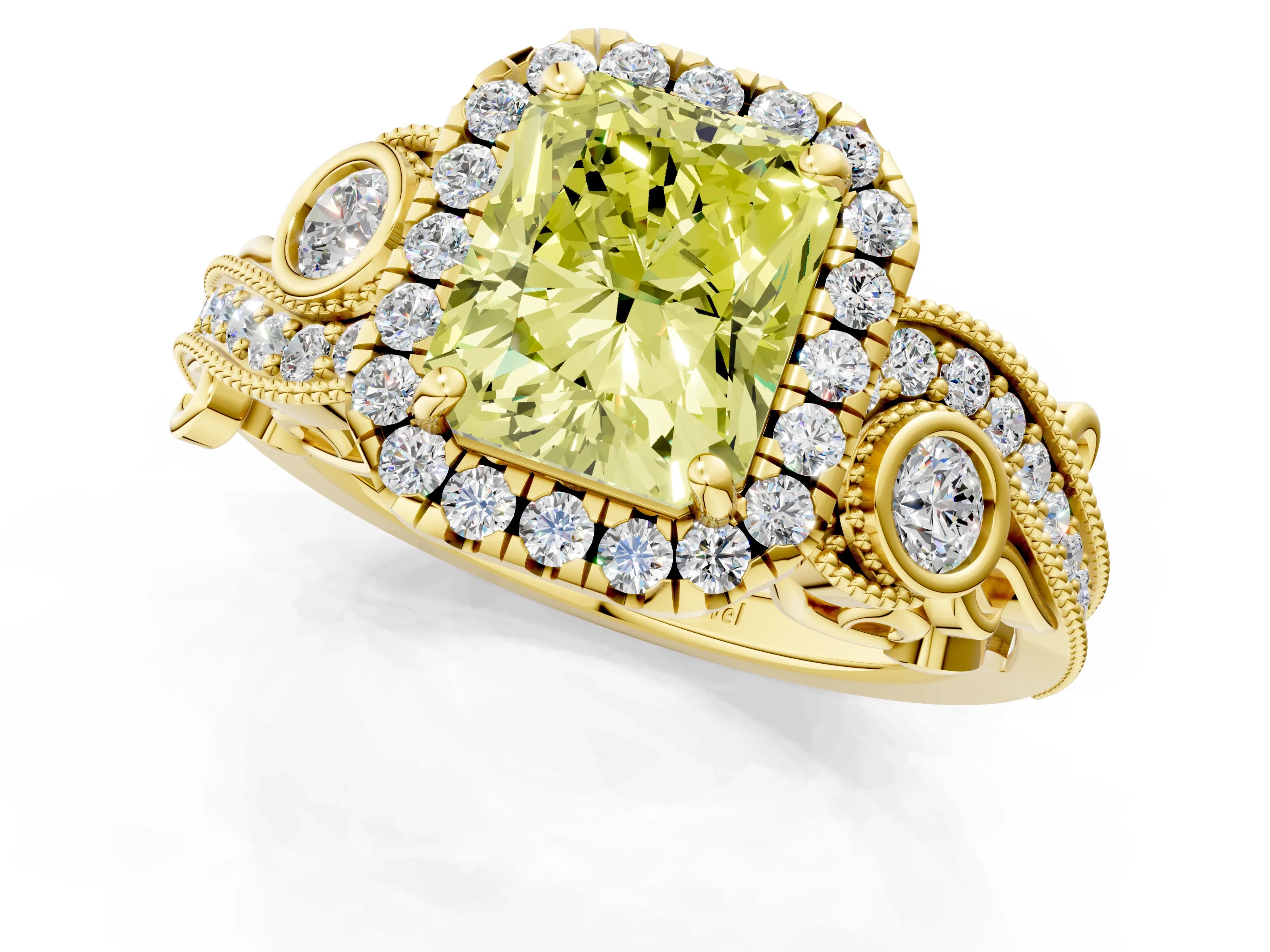 Yellow gold Fancy Yellow Radiant Cut Halo Diamond Ring with Milgrain and Bezel Accents on a Split Shank Band_1