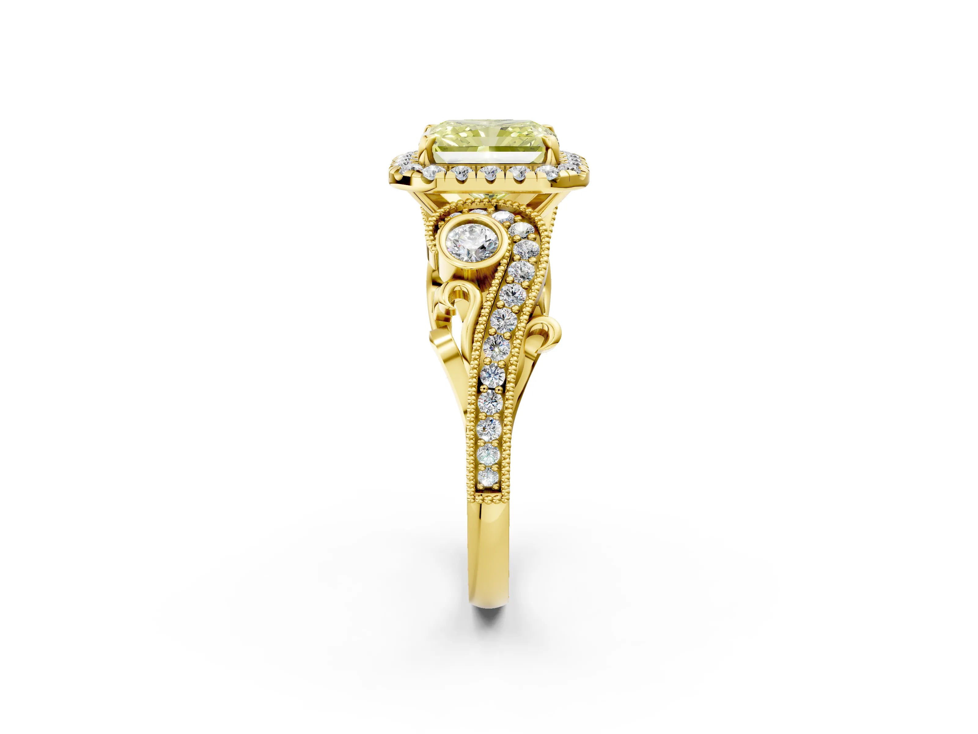 Yellow gold Fancy Yellow Radiant Cut Halo Diamond Ring with Milgrain and Bezel Accents on a Split Shank Band_2