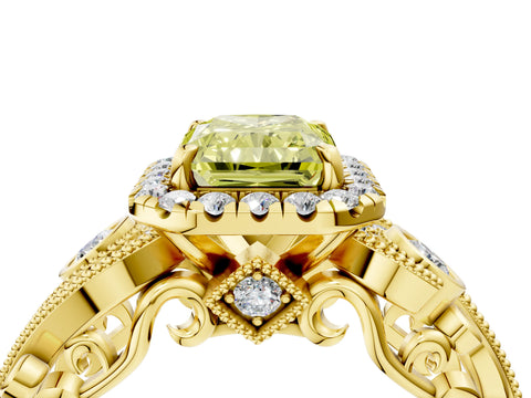 Yellow gold Fancy Yellow Radiant Cut Halo Diamond Ring with Milgrain and Bezel Accents on a Split Shank Band_4