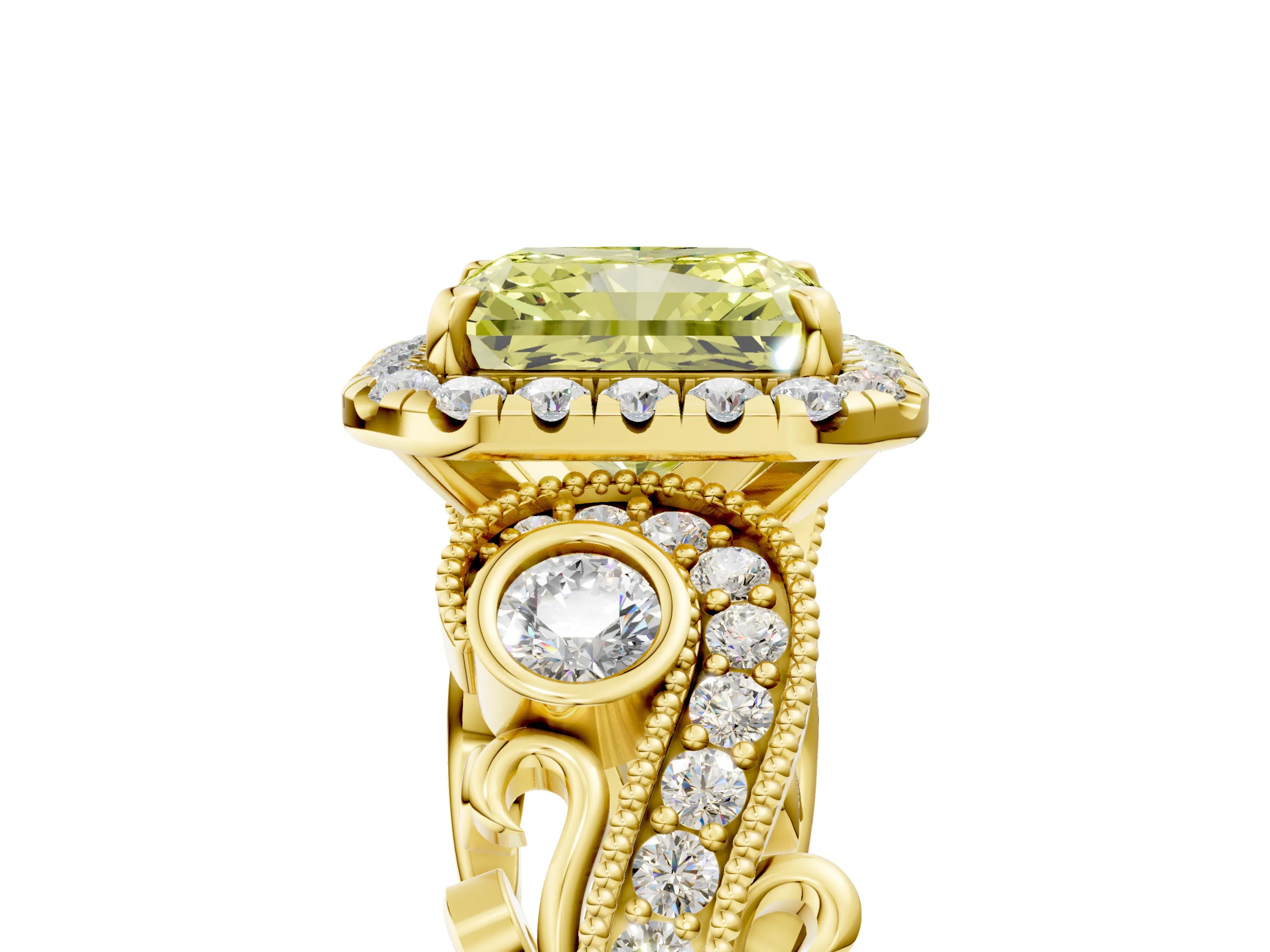 Yellow gold Fancy Yellow Radiant Cut Halo Diamond Ring with Milgrain and Bezel Accents on a Split Shank Band_5