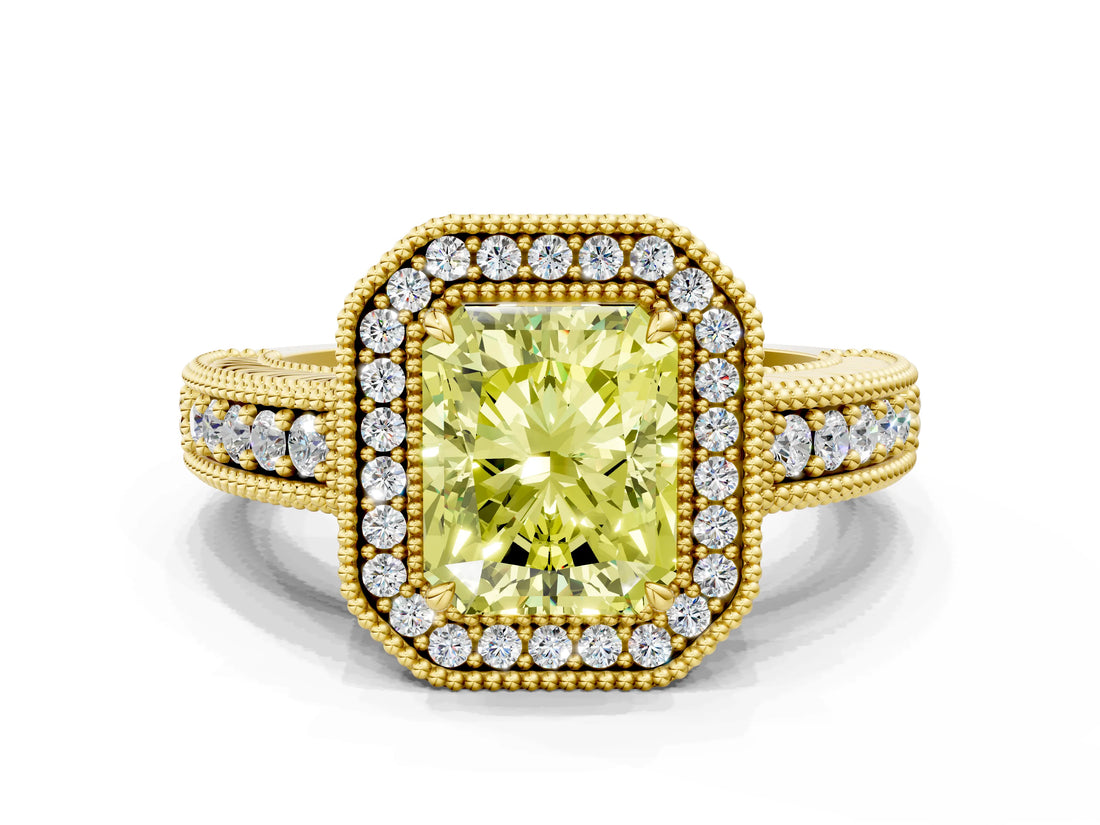 Yellow gold Fancy Yellow Radiant  Cut Halo Diamond Ring with Pavé Band and Four-Prong Setting_74