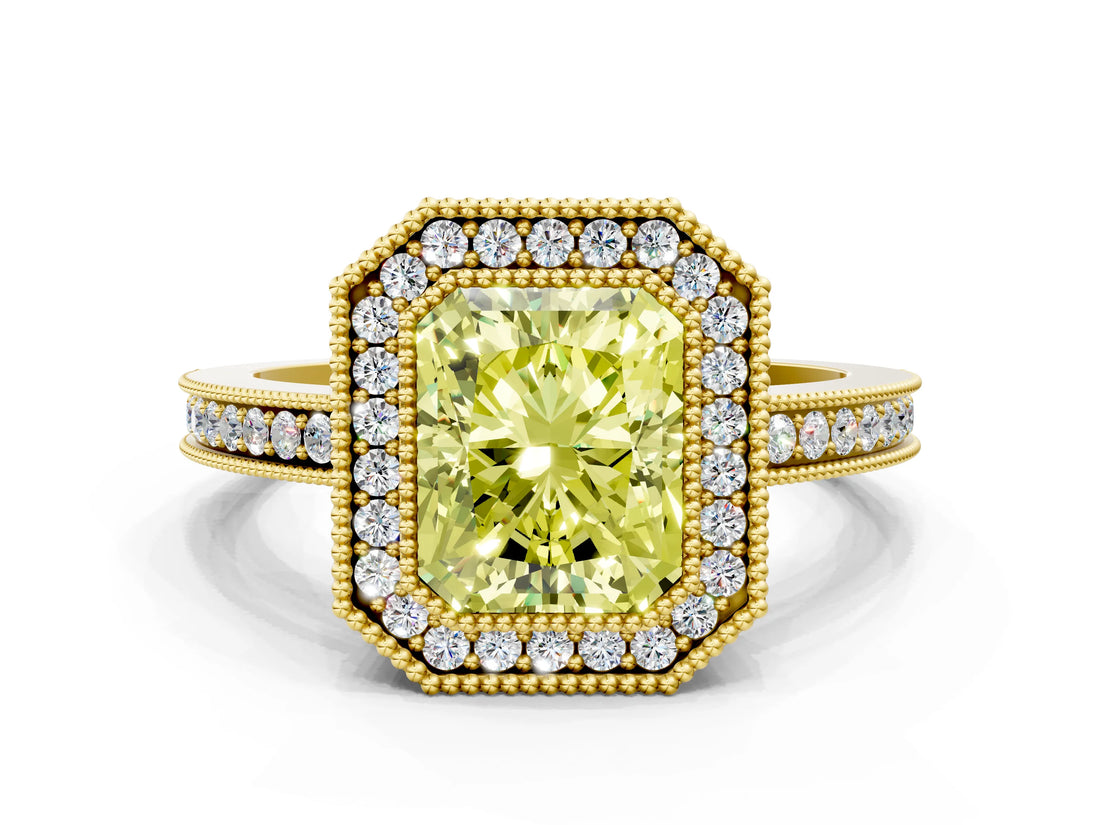 Yellow gold Fancy Yellow Radiant  Cut Halo Diamond Ring with Pavé Band and Milgrain Prong Setting_32