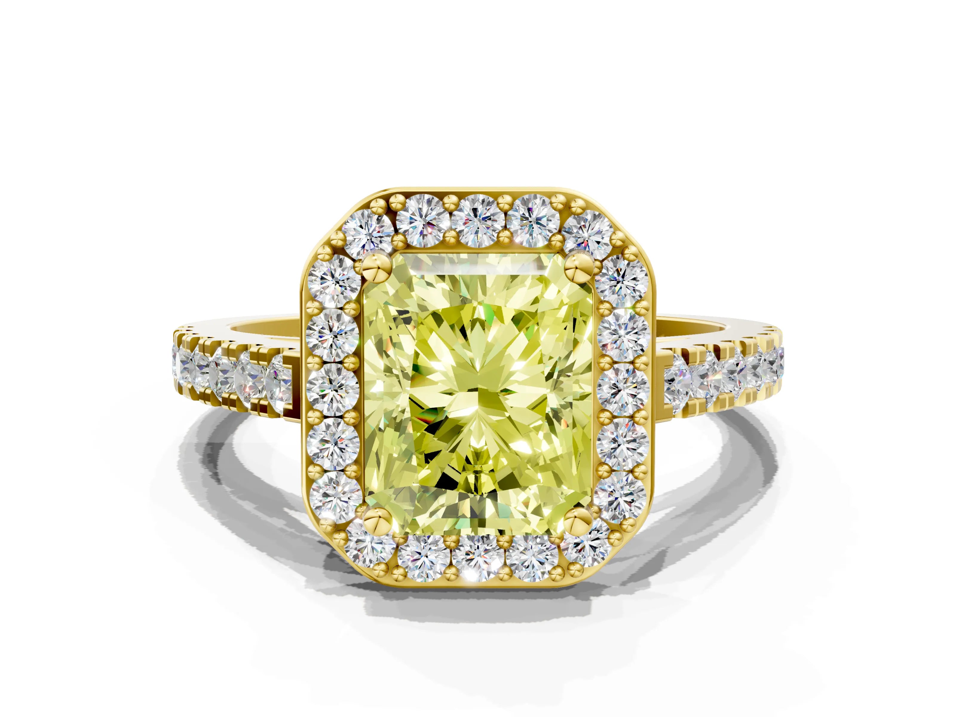 Yellow gold Fancy Yellow Radiant Cut Halo Diamond Ring with Pavé Band and Three-Prong Setting