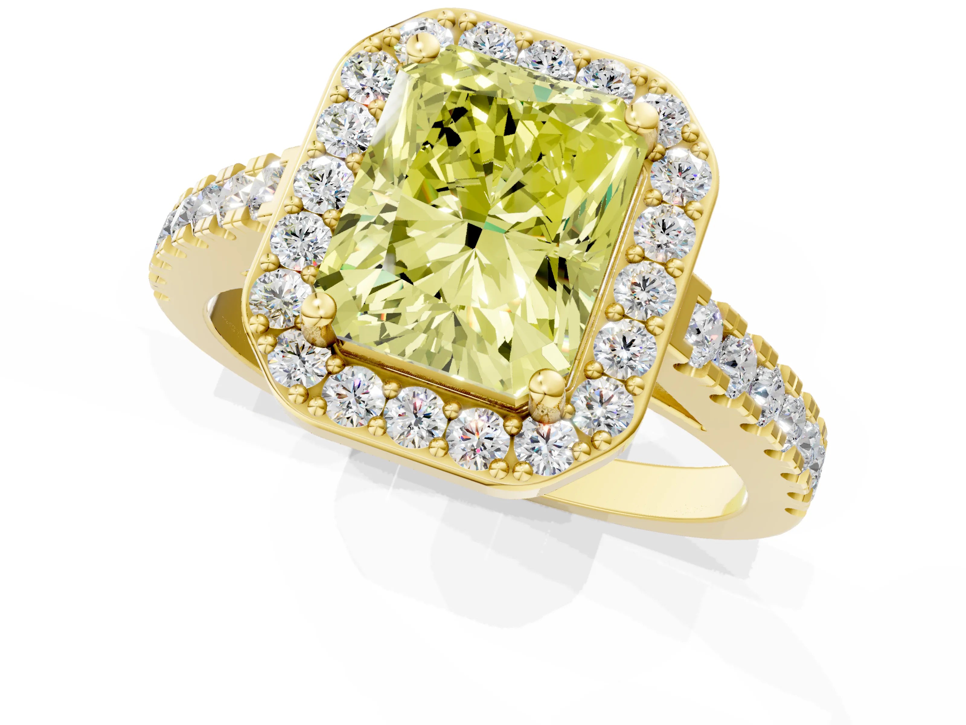 Yellow gold Fancy Yellow Radiant Cut Halo Diamond Ring with Pavé Band and Three-Prong Setting_1